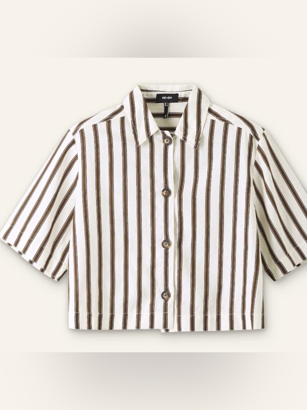ME+EM White and Brown Vertical-Stripe Short Sleeve Button Shirt